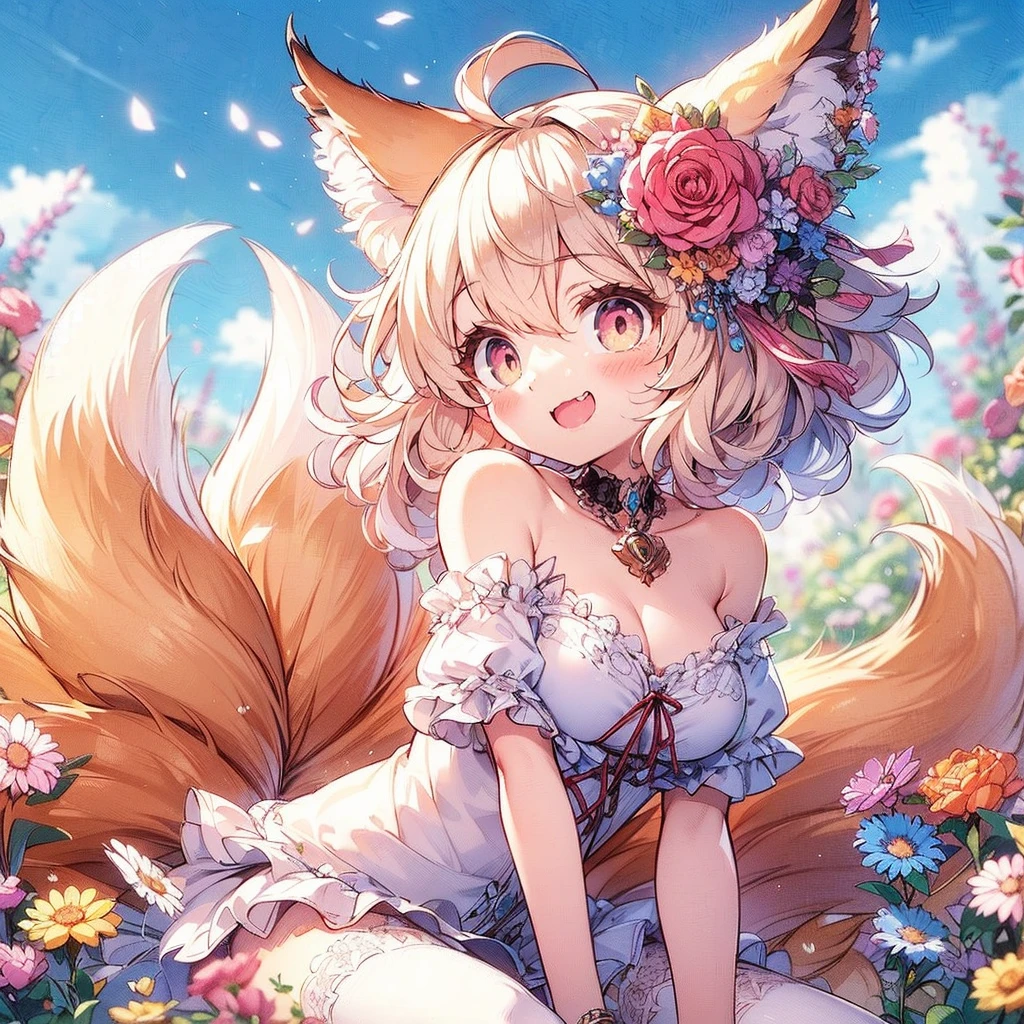 　(Exquisite, beautiful, Very detailed, masterpiece, high quality,High resolution),(Well-formed face,Soft and thin lines: 1.2, Beautiful and delicate illustrations with a mature and transparent feel),Beautiful flowers々Petals fluttering,A very small girl with fluffy, soft cat ears and a thin, long, flexible cat tail is meowing sweetly.,She is wearing off-the-shoulder, fluffy, soft clothes with lace, frills, and ribbons, and knee-high socks.,(Short eyebrows and pale pink blush, Plump pink lips,A small nose, a cat-like mouth with sharp Japanese fangs visible when smiling, and cat-like eyes.,She has a fairly large bust, an open chest, fair skin, a nice body, and a long, slender cat&#39;s tail.,),Dynamic angles with vibrant colors and striking colors,The American shorthair has a fluffy, soft coat., Meow!
