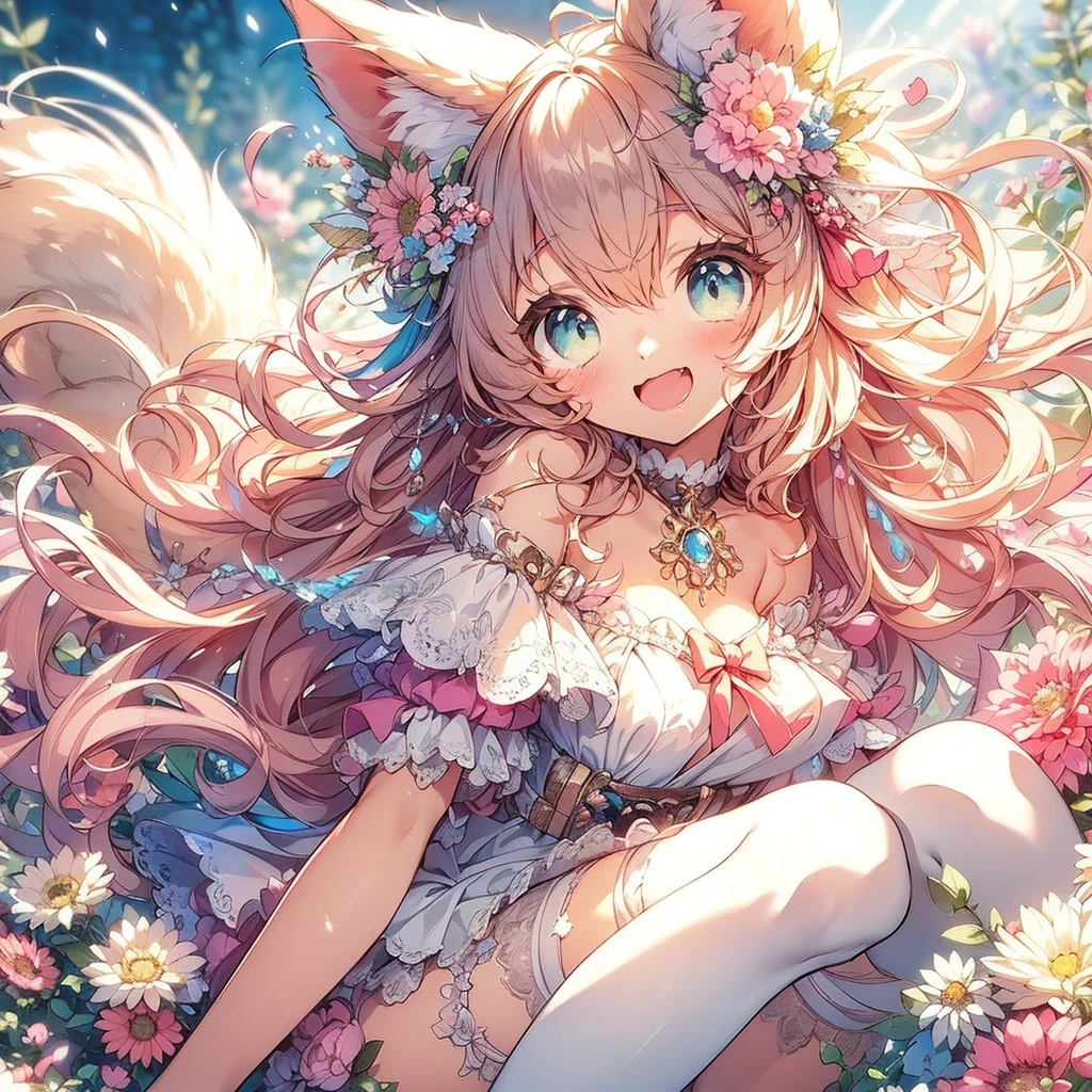 　(Exquisite, beautiful, Very detailed, masterpiece, high quality,High resolution),(Well-formed face,Soft and thin lines: 1.2, Beautiful and delicate illustrations with a mature and transparent feel),Beautiful flowers々Petals fluttering,A very small girl with fluffy, soft cat ears and a thin, long, flexible cat tail is meowing sweetly.,She is wearing off-the-shoulder, fluffy, soft clothes with lace, frills, and ribbons, and knee-high socks.,(Short eyebrows and pale pink blush, Plump pink lips,A small nose, a cat-like mouth with sharp Japanese fangs visible when smiling, and cat-like eyes.,She has a fairly large bust, an open chest, fair skin, a nice body, and a long, slender cat&#39;s tail.,),Dynamic angles with vibrant colors and striking colors,The American shorthair has a fluffy, soft coat., Meow!
