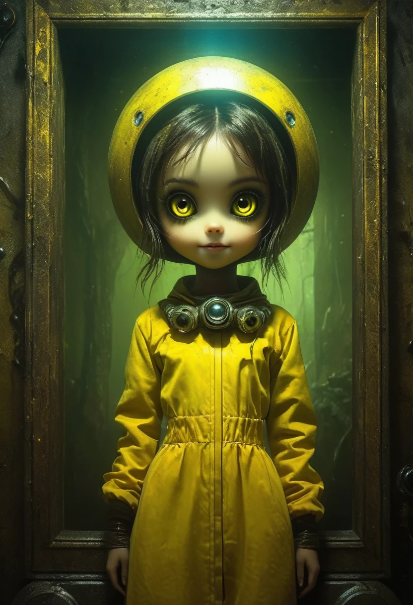Outer space, tv on, sunshine yellow, grainy, eerie environment. creepypasta is a scary entity in the form of a girl with very big eyes and a scary smile...in the style of elson peter, diego dyer, peter mohrbacher, karol bak.focus on 1 full body frame. focus on 32k hyper hd, masterpiece, best quality, ultra detail 1.6 solo, 1 female entity imbued with the essence of cypherpunk aesthetics.