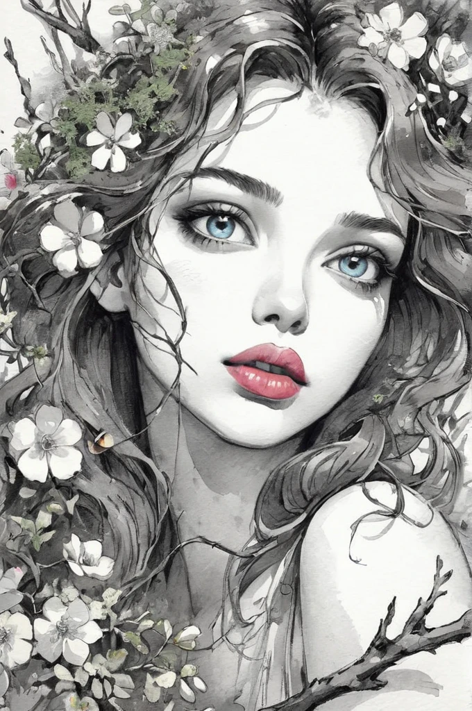 beautiful girl, sketch artstyle, monochrome, sketch artstyle BREAK flowers moss, tree branches, illustration, watercolor sketch, (best quality), intricate detailed, Colored vegetation colorful flowers colorful lips colorful eyes