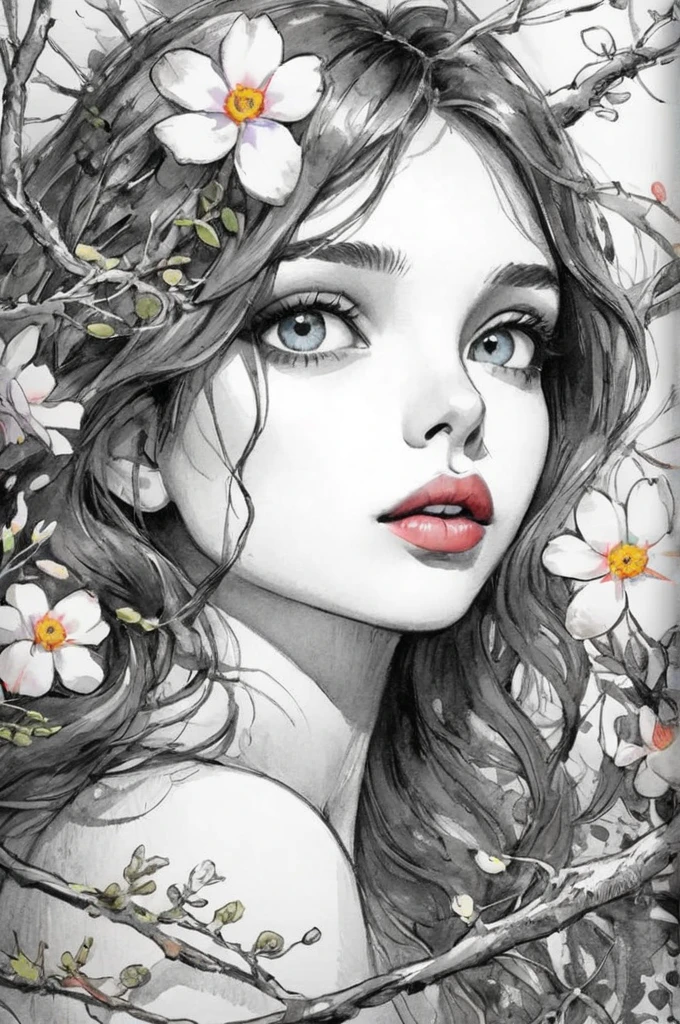 beautiful girl, sketch artstyle, monochrome, sketch artstyle BREAK flowers moss, tree branches, illustration, watercolor sketch, (best quality), intricate detailed, Colored vegetation colorful flowers colorful lips colorful eyes