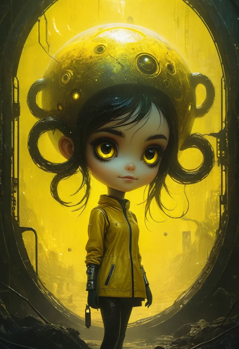 Outer space, tv on, sunshine yellow, grainy, eerie environment. creepypasta is a scary entity in the form of a girl with very big eyes and a scary smile...in the style of elson peter, diego dyer, peter mohrbacher, karol bak.focus on 1 full body frame. focus on 32k hyper hd, masterpiece, best quality, ultra detail 1.6 solo, 1 female entity imbued with the essence of cypherpunk aesthetics.
