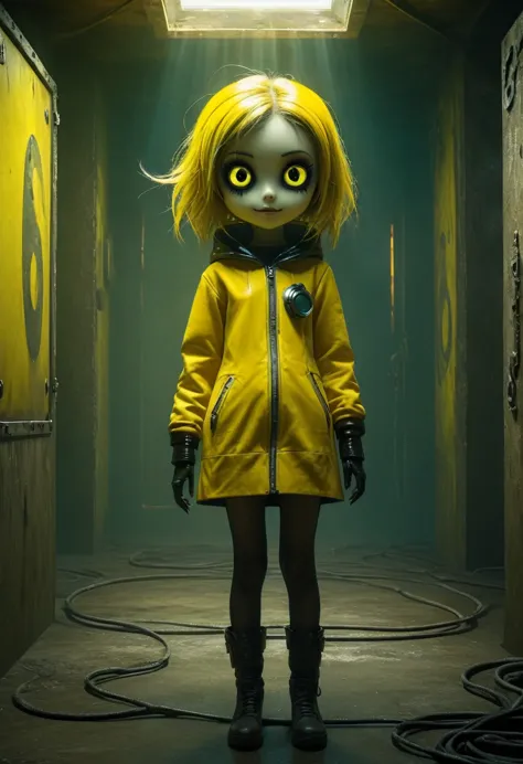 Outer space, tv on, sunshine yellow, grainy, eerie environment. creepypasta is a scary entity in the form of a girl with very bi...