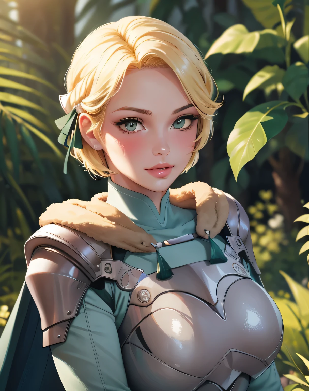 warIngrid, short hair, hair ribbons, hair accessories, shoulder armor, armor, breastplate, underbust, green coat, fur trim, vambraces, blue gloves, green cape, (masterpiece, best quality, ultra-detailed), realistic style, very close up shot 2.0, garden 2.0, looking at viewer 2.0, blushing, face shot 2.0, perfect eyes, cute nose, very sexy smile 2.0, very luscious lips 2.0, face shot 2.0, very heavy eyeshadow 2.0, very heavy makeup 2.0, round face, very thick lips 2.0, very glossy lips 2.0, very pouty lips 2.0, shiny skin, lustrous skin 2.0, incredibly pretty 2.0, incredibly beautiful 2.0, very athletic 2.0, fitness model 2.0, very sexy 2.0, perfect eyes, very sexy smile 2.0, very luscious lips 2.0, face shot 2.0, very heavy eyeshadow 2.0, very heavy makeup 2.0, round face, very thick lips 2.0, very glossy lips 2.0, very pouty lips 2.0, shiny skin, lustrous skin 2.0, very sexy 2.0, mature woman, very sexy 2.0, perfect eyes, very sexy smile 2.0, very luscious lips 2.0, face shot 2.0, very heavy eyeshadow 2.0, very heavy makeup 2.0, round face, very thick lips 2.0, very glossy lips 2.0, very pouty lips 2.0, shiny skin, lustrous skin 2.0, very sexy 2.0,
