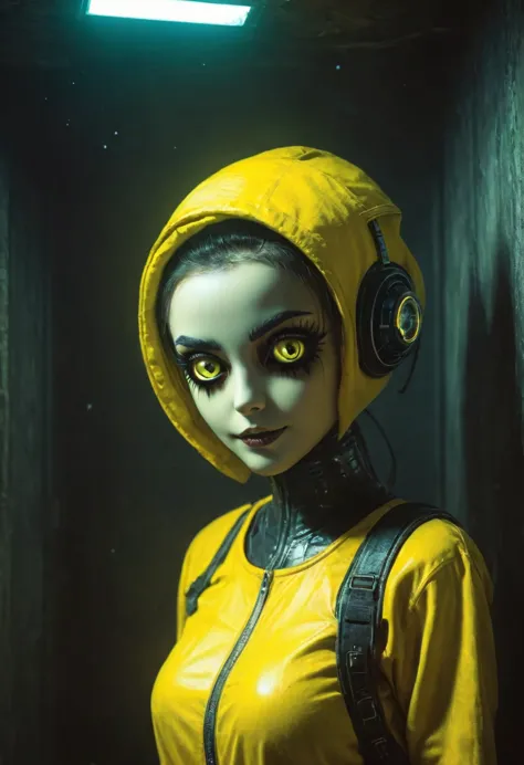 Outer space, tv on, sunshine yellow, grainy, eerie environment. creepypasta is a scary entity in the form of a girl with very bi...