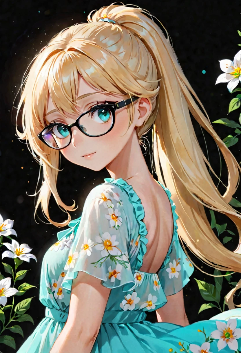 Anime girl, portrait style, black background, long light blonde ponytail, bright turquoise eyes,black glasses, white flowy summer dress, summer flower in hair