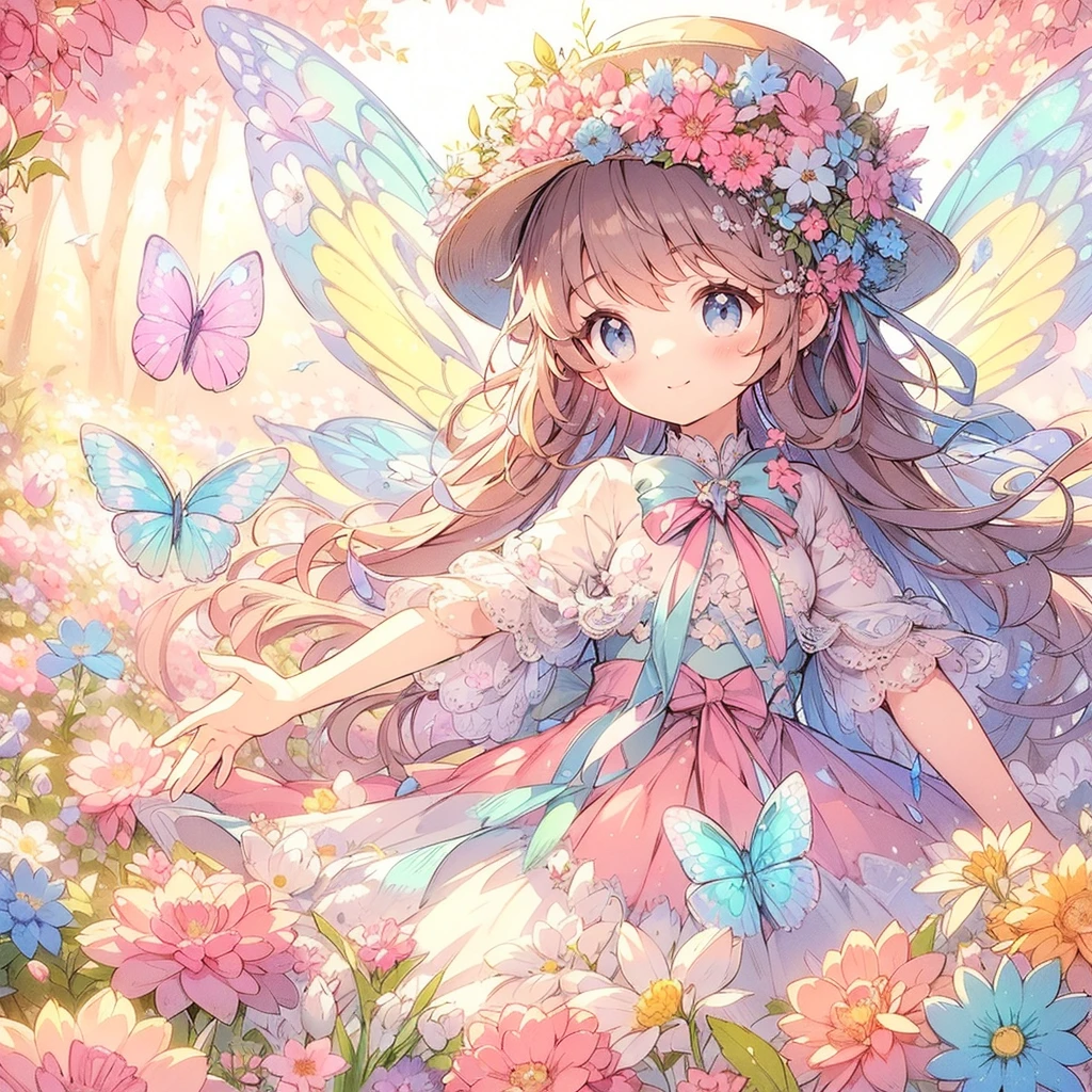 　(Exquisite, beautiful, Very detailed, masterpiece, high quality,High resolution),(Well-formed face,Soft and thin lines: 1.2, A mature, beautiful and delicate illustration with a sense of transparency., Pixiv-inspired anime illustration,Cute pastel-colored girl illustrations that go viral among Japanese people on Twitter),A fairy princess with butterfly-like wings is walking with a smile in a gorgeous garden filled with flowers.,whole body,Princess's Castle,flower,flower petals,(Transparent fairy wings grow from your back), (Dazzling Smile), (tiara, Earrings, choker), Ball Gown Dress,Ribbons, lace and frills, (Pale pink blush, Plump pink lips,Large Bust,Fair skin, Good style),Bright colors,Eye-catching colors,Dynamic Angles