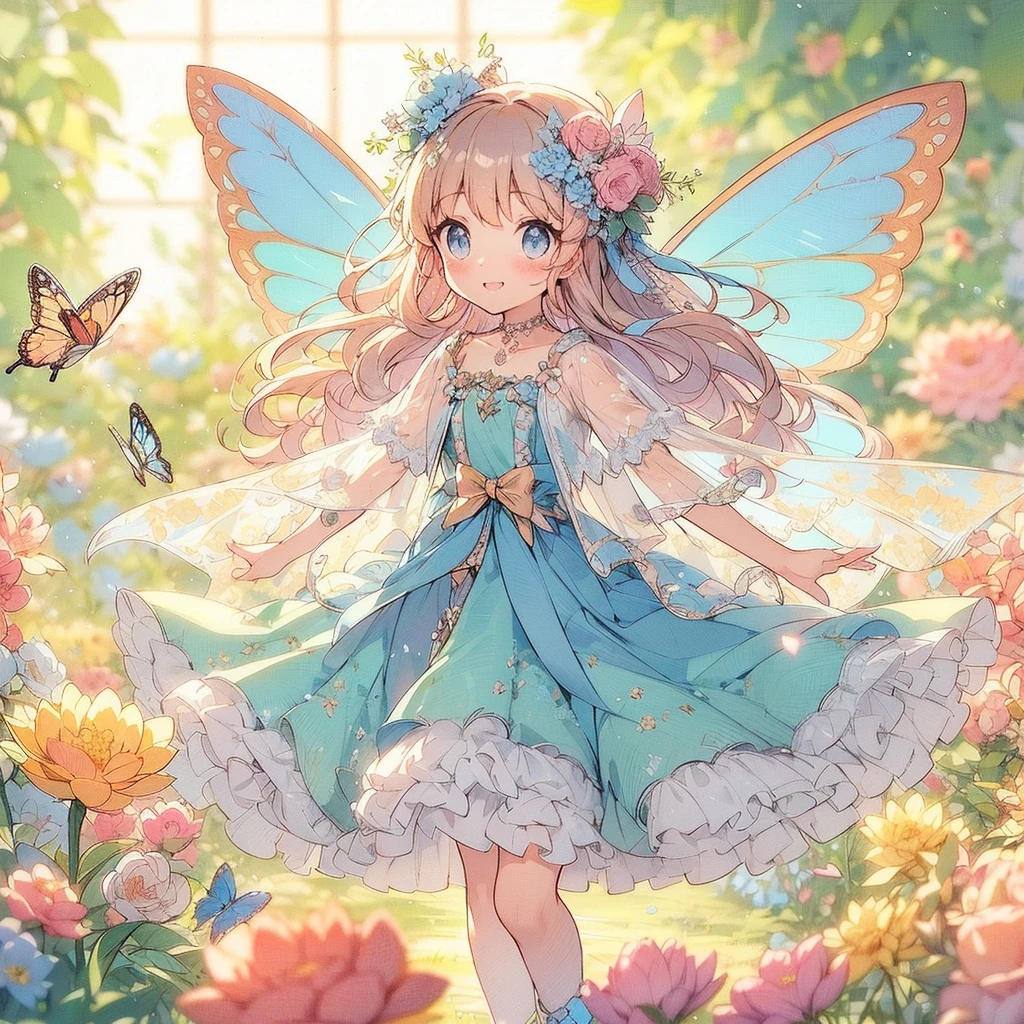 　(Exquisite, beautiful, Very detailed, masterpiece, high quality,High resolution),(Well-formed face,Soft and thin lines: 1.2, A mature, beautiful and delicate illustration with a sense of transparency., Pixiv-inspired anime illustration,Cute pastel-colored girl illustrations that go viral among Japanese people on Twitter),A fairy princess with butterfly-like wings is walking with a smile in a gorgeous garden filled with flowers.,whole body,Princess's Castle,flower,flower petals,(Transparent fairy wings grow from your back), (Dazzling Smile), (tiara, Earrings, choker), Ball Gown Dress,Ribbons, lace and frills, (Pale pink blush, Plump pink lips,Large Bust,Fair skin, Good style),Bright colors,Eye-catching colors,Dynamic Angles