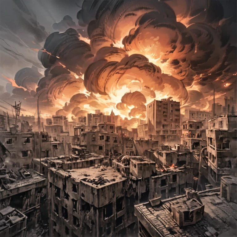 detailed ink illustration, middle eastern city on fire, black smoke, red and orange flames, explosions, dynamic scene, cinematic lighting, moody atmosphere, high contrast, dramatic composition, digital art, concept art, intricate details, vivid colors, photorealistic, (best quality,4k,8k,highres,masterpiece:1.2),ultra-detailed,(realistic,photorealistic,photo-realistic:1.37),dark fantasy,dramatic lighting,cinematic perspective,dystopian,war torn,apocalyptic,gritty realism,surreal,moody,somber,intense