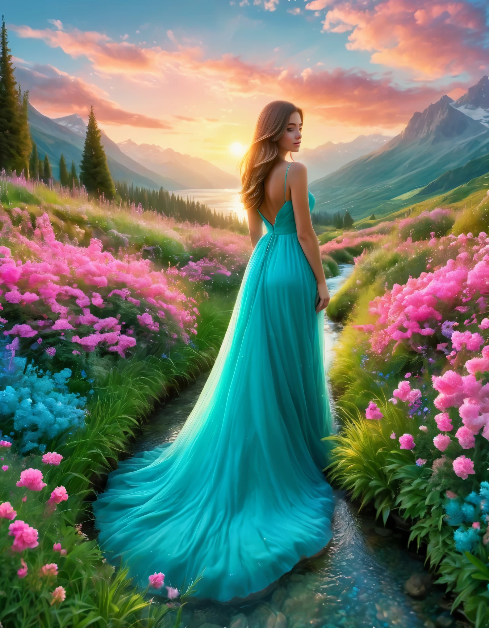 Create an image of a beautiful woman standing in an enchanted garden at sunrise. The woman is wearing a flowing turquoise dress that billows around her as she stands with her back to the viewer. She is surrounded by a sea of vibrant, pink flowers that line a narrow stream running through the scene. The lush green grass on the left contrasts with the vivid pinks of the flowers. The landscape extends to serene turquoise waters in the distance, bordered by majestic mountains. The sky above is a brilliant blue with a few fluffy clouds, and the sun is just rising, casting a warm, golden light over the entire scene. The overall mood is magical and serene, evoking a sense of wonder and tranquility.