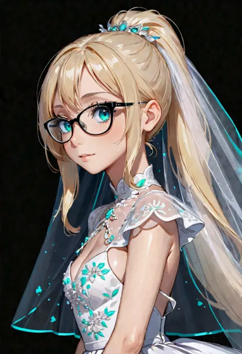 Anime girl, portrait style, black background, long light blonde ponytail, bright turquoise eyes,black glasses, wedding dress, we...