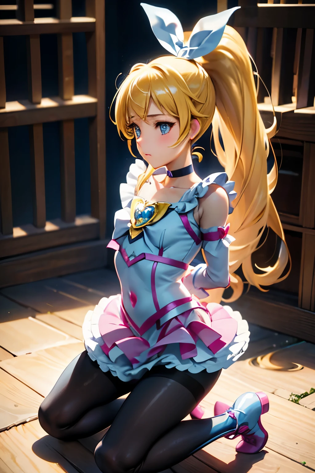 Cure Rhythm、Pretty Cure、Blonde、Long Hair、Medium chest、(Inside the Jail)、One girl、((Pantyhose with holes))、(boots)、ponytail、(Arms are restrained)、Kneeling、(Black Pantyhose)