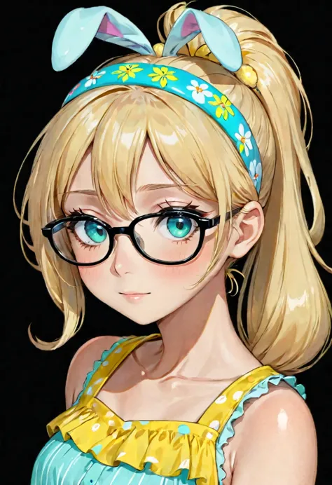 Anime girl, portrait style, black background, long light blonde ponytail, bright turquoise eyes,black glasses, easter clothing, ...
