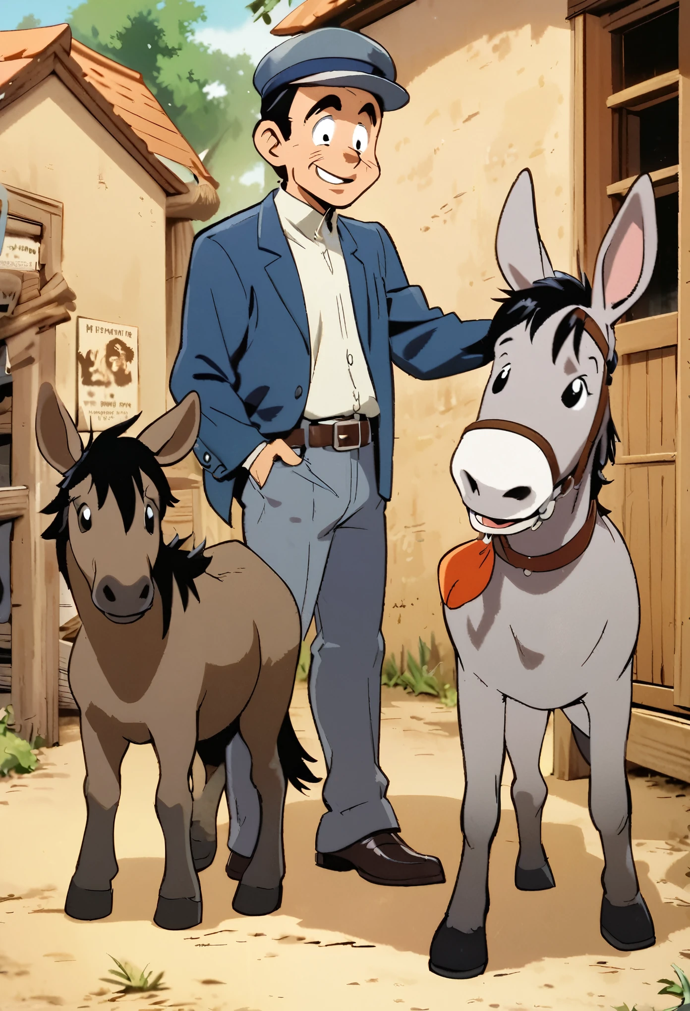 old cartoon, 1man and 1donkey