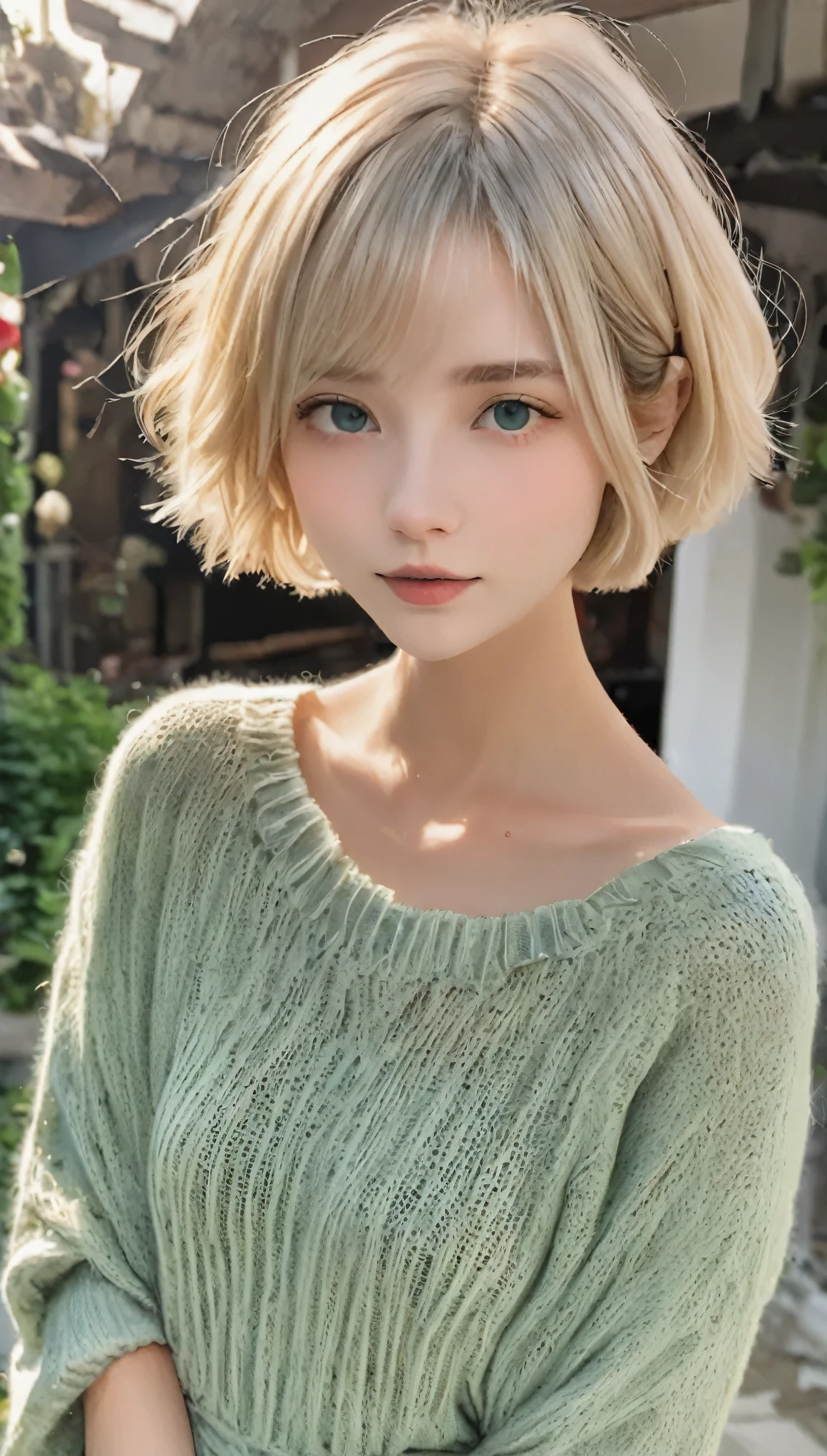 A woman with a short blonde hair and a green sweater - SeaArt AI