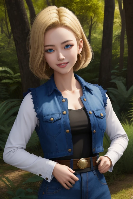 Android 18, 1 girl, Alone, blue eyes, Blonde hair,short hair, by rubio, earrings,
denim skirt, blue skirt, tube skirt, black shirt, long sleeves, striped sleeves, brown belt, black pantyhose, denim dress, blue vest,
smile,Closed mouth,cowboy shot,
forest,exterior,
(Incredibly detailed, beautiful detailed face, masterpiece, Best Quality) cinematic lighting,