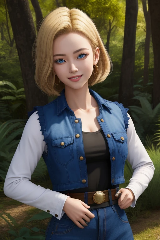 Android 18, 1 fille, seulement, Yeux bleus, cheveux blond,Cheveux courts, par Rubio, des boucles d&#39;oreilles,
jupe en jean, jupe bleu, jupe tube, la chemise noire, manches longues, Manches rayées, ceinture marron, collants noirs, robe en jean, veste bleue,
sourire,bouche fermée,tir de cow-boy,
Forêt,extérieur,
(incroyablement détaillé, beau visage détaillé, chef-d&#39;œuvre, meilleure qualité) éclairage cinématographique,