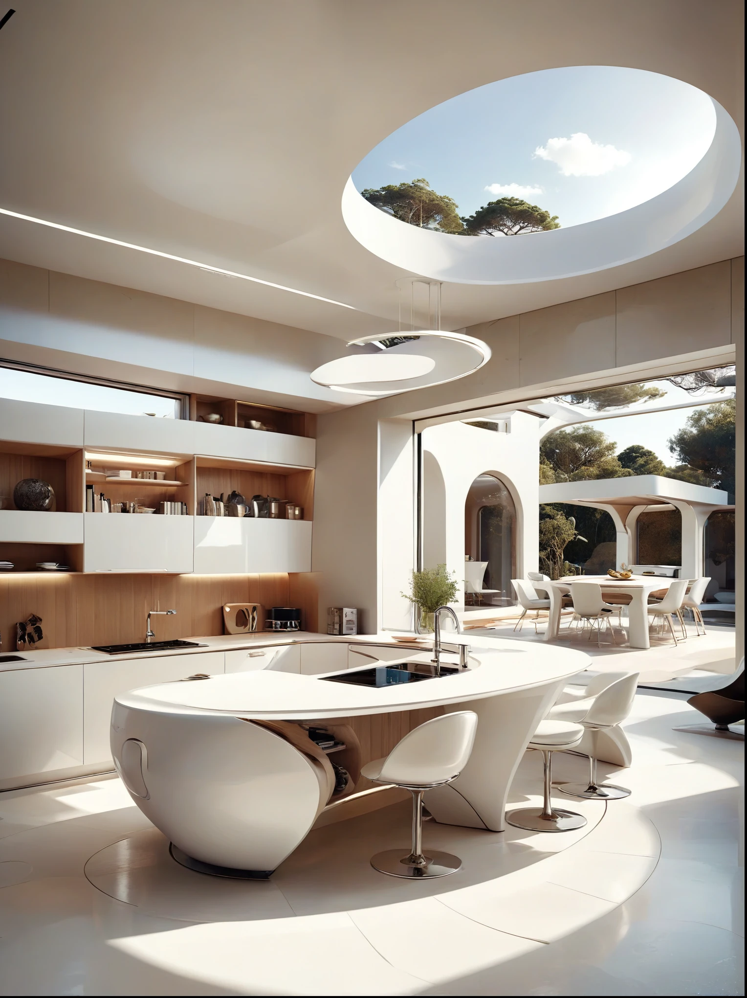 未来家居的厨房书房概念融合了有机流动性、圆形和几何形状，并运用艺术想象力来渲染房屋和风景, 纯白科技风格，宽敞的室内空间, 侘寂风格.广角