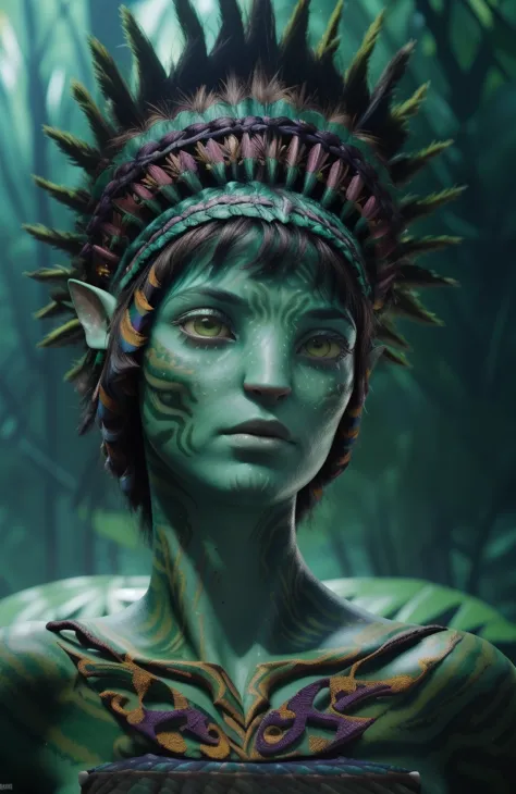 avatar style, (face portrait:1.6), naavi, 1girl, female, (green eyes), ((big detailed alien eyes:1)), ((eyebrowless)), ((pointy ...
