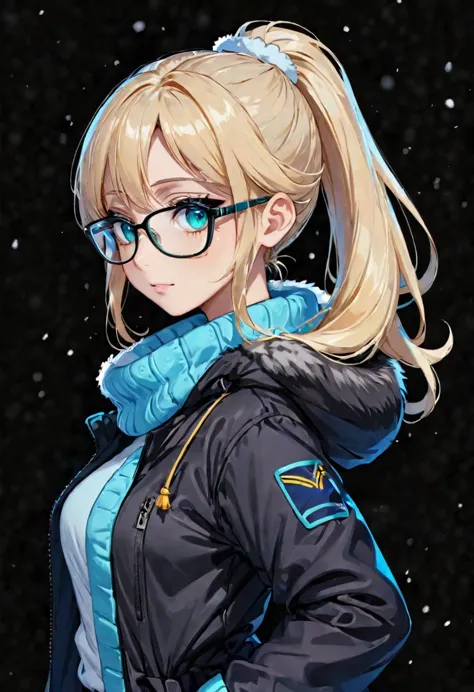 Anime girl, portrait style, black background, long light blonde ponytail, bright turquoise eyes,black glasses, winter clothing, ...