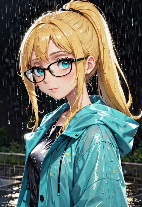 Anime girl, portrait style, black background, long light blonde ponytail, bright turquoise eyes,black glasses, cute raincoat, we...