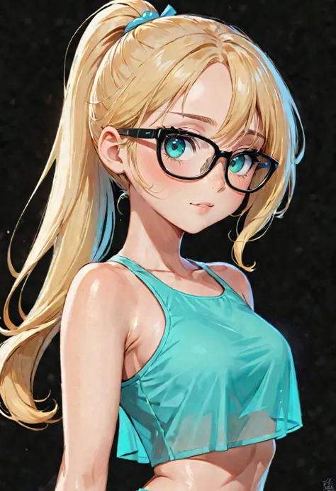 Anime girl, portrait style, black background, long light blonde ponytail, bright turquoise eyes,black glasses, cute summer crop ...