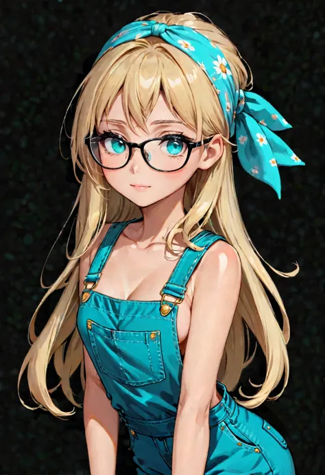 Anime girl, portrait style, black background, long light blonde medium length hair, bright turquoise eyes,black glasses, cottage...