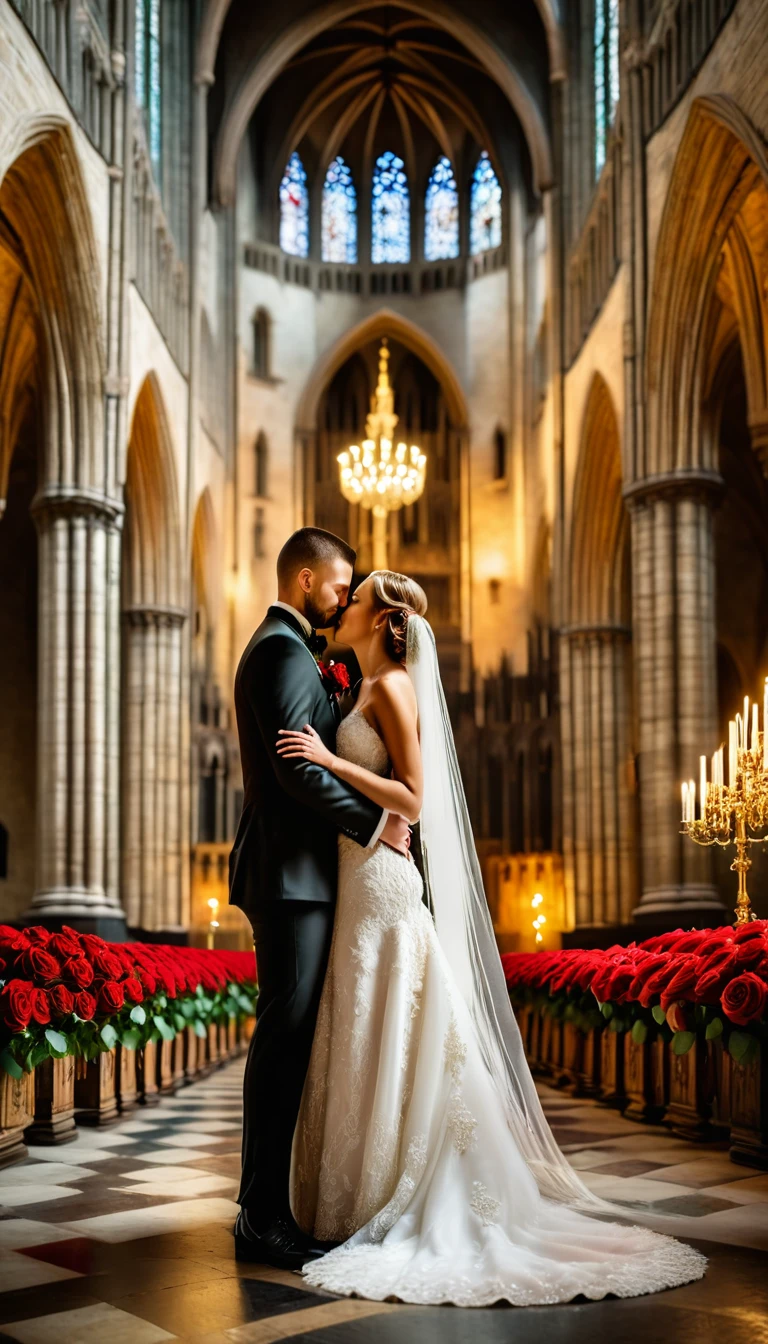 Photorealistic Images: {Full-body raw portrait of a beautiful bride and groom in a photoshoot for a magazine, the bride wearing a stunning white wedding dress with pearls and gold accents, holding a bouquet of red roses, the groom in an elegant suit, both standing face to face, looking into each other's eyes passionately}, in a Gothic cathedral with a highly blurred background, Rembrandt lighting, UHD, 8K, DSLR camera, high detail