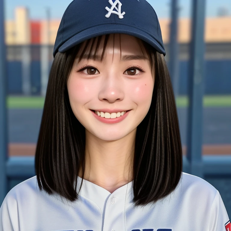 (kawaii 24 year-old Japanese girl, Nogizaka idol, Korean idol, female baseball player), healthy athlete body, (glossy black hair, very short hair, pixie cut, bangs:1.3), beautiful black eyes, rounded face, single eyelid, whitened even teeth, (no makeup:1.2), (big laughing:1.2), (baseball uniform, baseball cap:1.3), extra small breasts, BREAK, (park background, summer daytime:1.2), (dynamic angle, bust shot:1.2), BREAK, (masterpiece, best quality, photo realistic, official art:1.4), (UHD, 8K quality wallpaper, high resolution, raw photo, golden ratio:1.3), (shiny skin), professional lighting, physically based rendering, award winning, (highly detailed skin texture, extremely detailed face and eyes textures), Carl Zeiss 85 mm F/1.4, depth of field, (1girl, solo),