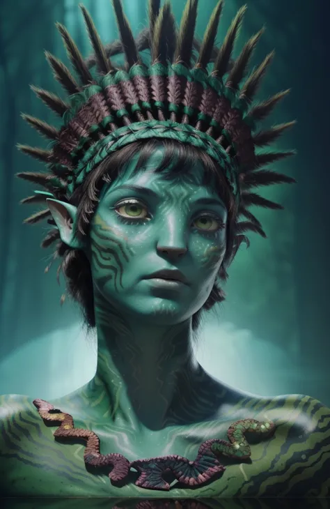 avatar style, (face portrait:1.6), naavi, 1girl, female, (green eyes), ((big detailed alien eyes:1)), ((eyebrowless)), ((pointy ...
