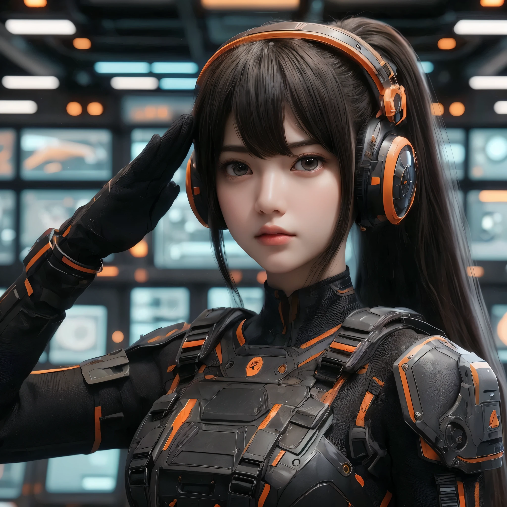 Top Quality, Masterpiece, Ultra High Resolution, (Photorealistic: 1.4), Raw Photo, 1 Girl, Black Hair, Glossy Skin, 1 Mechanical Girl, (((Ultra Realistic Details)), (realistic face: 1.2), realistic skin, Global Illumination, Shadows, Octane Rendering, 8K, Ultra Sharp, Intricate Ornaments Details, wearing Futuristic Headphone,  Futuristic headgear, very intricate detail, realistic light, CGStation trend, brown eyes, glowing eyes, matte black and glossy orange bodysuit, orange lining on suit, Long hair, Ponytail hair, half body shot, spaceship bridge background, she is on salute pose, salute style