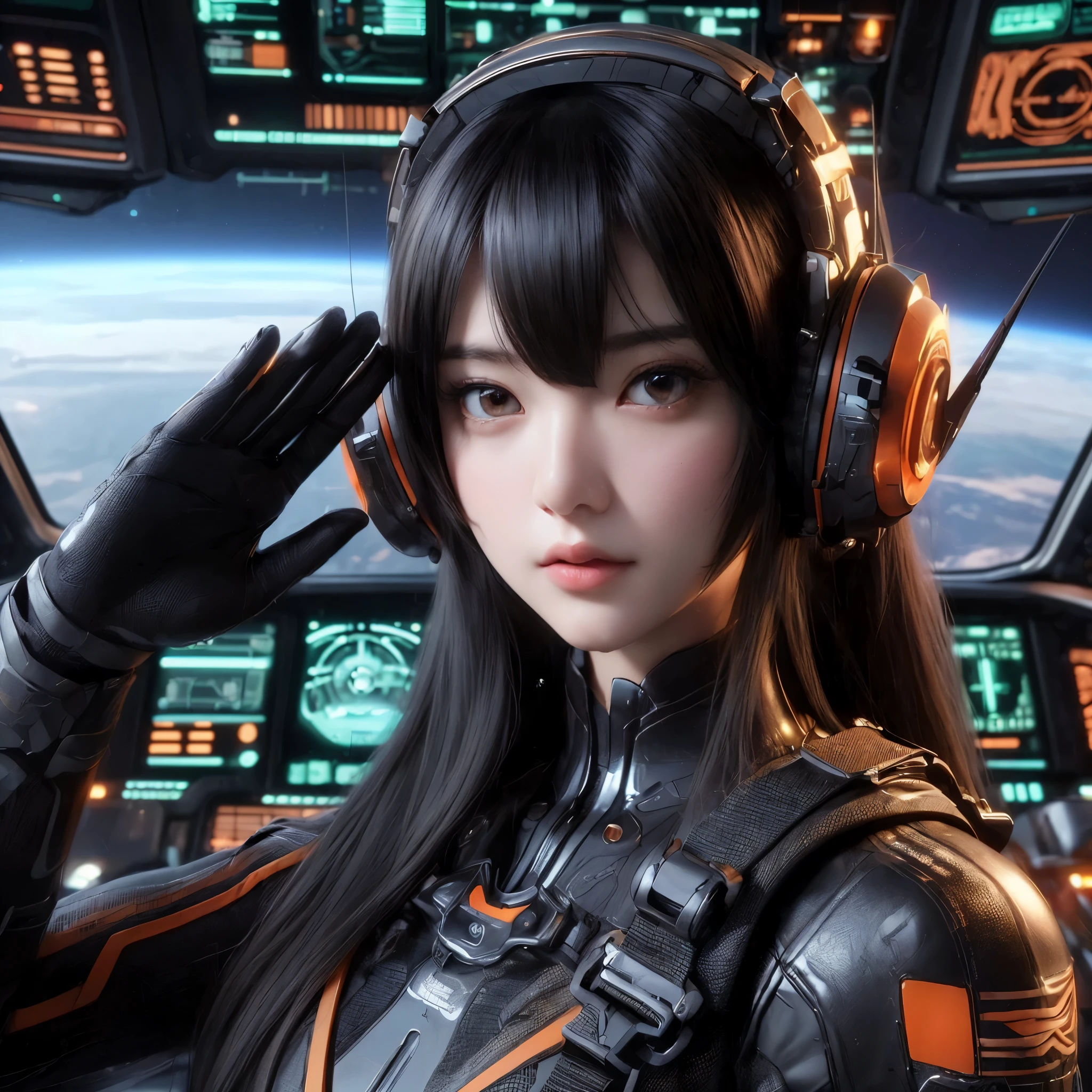 Top Quality, Masterpiece, Ultra High Resolution, (Photorealistic: 1.4), Raw Photo, 1 Girl, Black Hair, Glossy Skin, 1 Mechanical Girl, (((Ultra Realistic Details)), (realistic face: 1.2), realistic skin, Global Illumination, Shadows, Octane Rendering, 8K, Ultra Sharp, Intricate Ornaments Details, wearing Futuristic Headphone,  Futuristic headgear, very intricate detail, realistic light, CGStation trend, brown eyes, glowing eyes, matte black and glossy orange bodysuit, orange lining on suit, Long hair, Ponytail hair, half body shot, spaceship bridge background, she is on salute pose, salute style