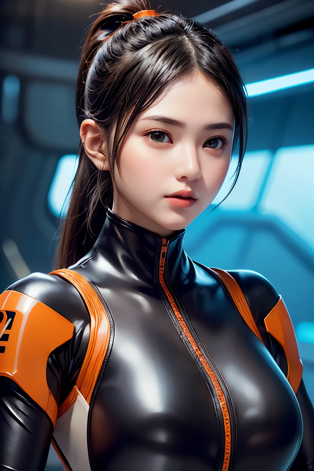 Top Quality, Masterpiece, Ultra High Resolution, (Photorealistic: 1.4), Raw Photo, 1 Girl, Black Hair, Glossy Skin, 1 Mechanical Girl, (((Ultra Realistic Details)), (realistic face: 1.2), realistic skin, Global Illumination, Shadows, Octane Rendering, 8K, Ultra Sharp, Intricate Ornaments Details, wearing Futuristic Headphone,  Futuristic headgear, very intricate detail, realistic light, CGStation trend, brown eyes, glowing eyes, matte black and glossy orange bodysuit, orange lining on suit, Long hair, Ponytail hair, half body shot, spaceship bridge background, ((she is on salute pose)), salute style