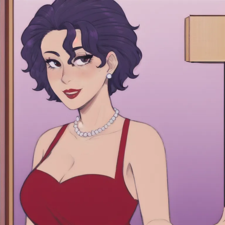 short bob haircut, windswept messy bob purple hair, eyeliner, (red dress), (red lipstick), (light blue pearl necklace), cleavage...