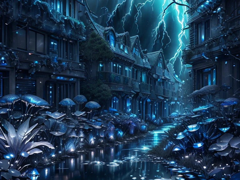 ((ultra detailed abstract photography of a SilverSapphireAI city street)), bioluminescence, (masterpiece), realistic, cinematic light, thunderstorm, hyperdetailed painting, luminism, 4k resolution, fractal isometrics details, (overgrown by bioluminescent mushrooms moss vines:.4), pools of water reflecting the thunderstorm, Photographic Realism, 3d rendering, octane rendering,  