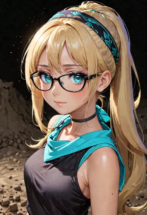 Anime girl, portrait style, black background, long light blonde ponytail, bright turquoise eyes,black glasses, bandana around ne...