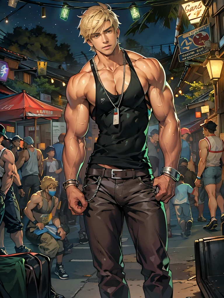 Young man, short blond hair, handsome face, tired expression, green eyes, large muscles, hyper pectoral, thick thigh, large butt. He's wearing a low-cut tank top, black pants, a backwards hat, and a silver chain around his neck, Big bulge. Scenery, party at night.