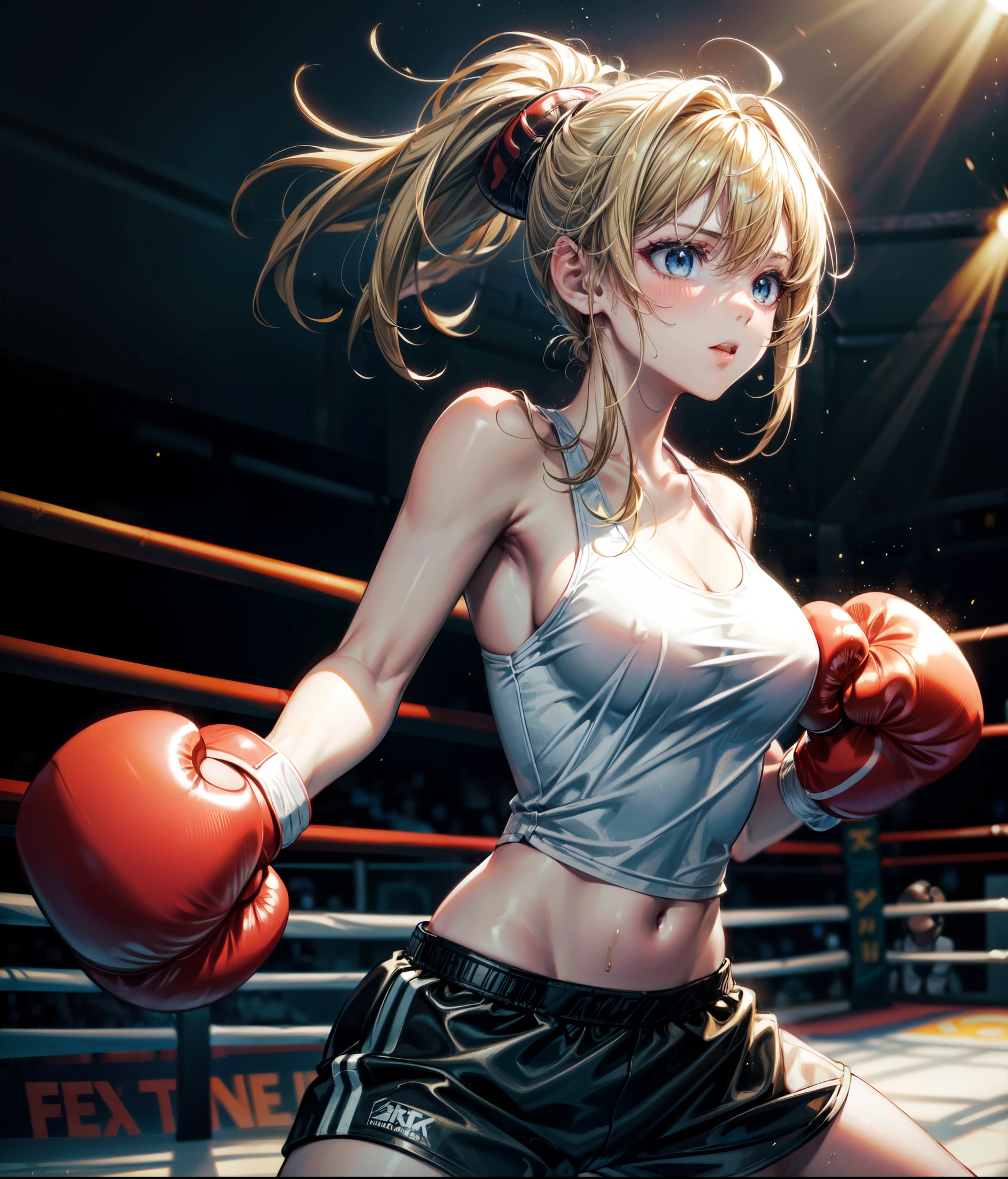 8k wallpaper of extremely detailed CG unit, ​masterpiece, hight resolution, top-quality, top-quality real texture skin,hyper realisitic, digitial painting,increase the resolution,RAW photosbest qualtiy,highly detailed,the wallpaper,two teen women,two teen women are hard pancing each other at boxing fight,1woman,teen,cute,kawaii,hair floating,messy hair,blonde hair,messy hair,pony tail hair,skin color white,eye color blue,eyes shining,big eyes,breast,sports wear,super big smile,(boxing gloves:1.6),(dynamic pose:1.4),(dynamic angle:1.8),sweat,boxing wounds on face,dirty,(gold trophy and champion belt:1.2),she is a winner of a match, BREAK ,(motion blur),boxing ring,1boxing referee,1trainer,audiences,[nsfw:2.0],