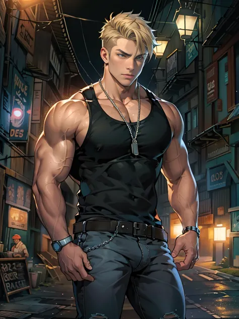 young man, short blond hair, handsome face, tired expression, green eyes, large muscles, hyper pectoral, thick thigh, large butt...