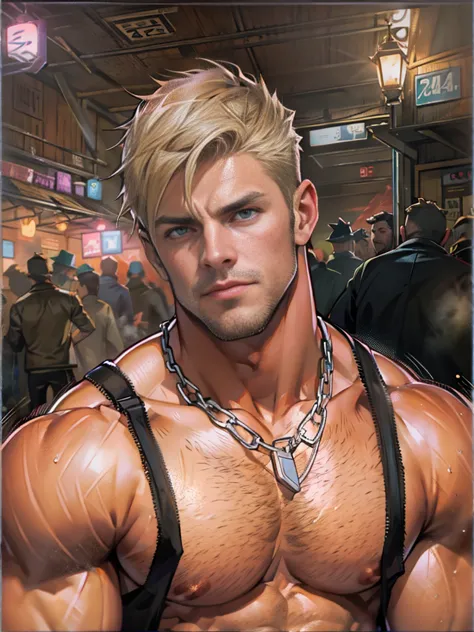 young man, short blond hair, handsome face, tired expression, green eyes, large muscles, hyper pectoral, thick thigh, large butt...