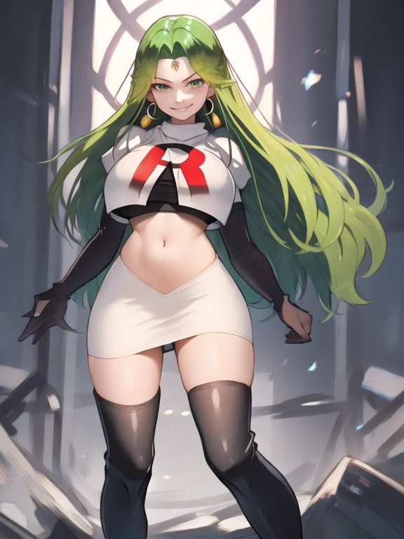 Sitri fe16, long hair, green hair, Team rocket, team rocket uniform, red letter R, white skirt,white crop top,black thigh-high boots, black elbow gloves, evil smile, earrings, large breasts