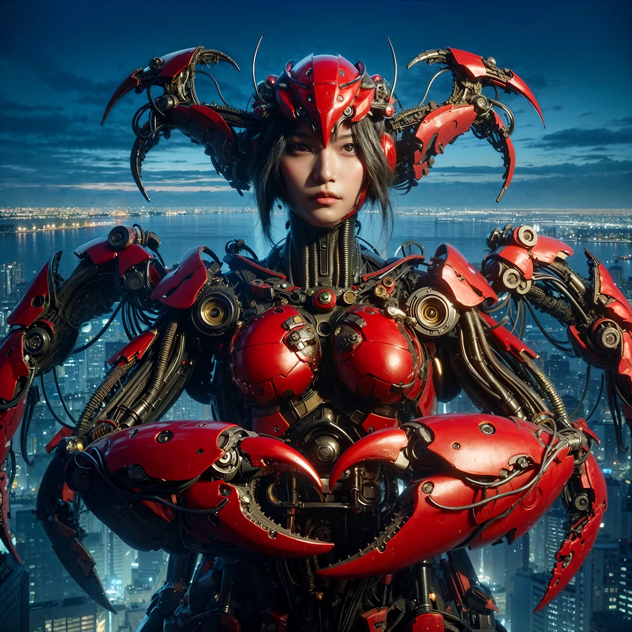 Masterpiece, (best quality:1.2), 8k, Japanese woman in alien-type powered suit, biological tissue base with bronze and gold accent, (extremely cute face), (mechanical bat wings), hydraulic cylinder, power pipe, muscle fiber, ultimately intricate all details, full body shot, (ultimately photo Realistic:1.37), dystopia with a beautiful view at night, (biological:1.2), (biopunk:1.3), Full body photo, Wide-angle, Please generate at least 4 photos.