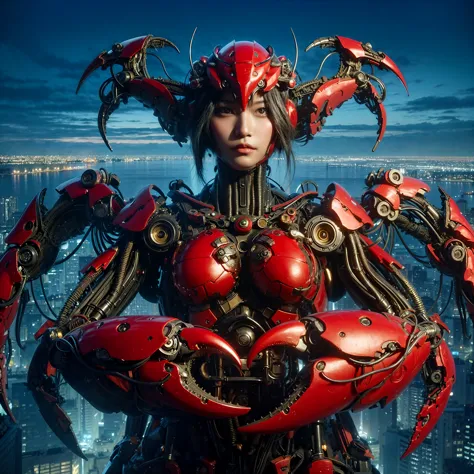 Masterpiece, (best quality:1.2), 8k, Japanese woman in alien-type powered suit, biological tissue base with bronze and gold acce...