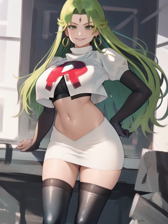 Sitri fe16, long hair, green hair, Team rocket, team rocket uniform, red letter R, white skirt,white crop top,black thigh-high boots, black elbow gloves, evil smile, earrings, large breasts