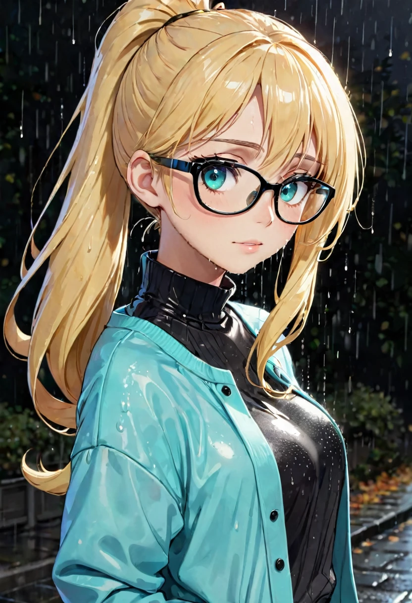 Anime girl, portrait style, black background, long light blonde ponytail, bright turquoise eyes,black glasses, fall clothing, rainy fall clothes