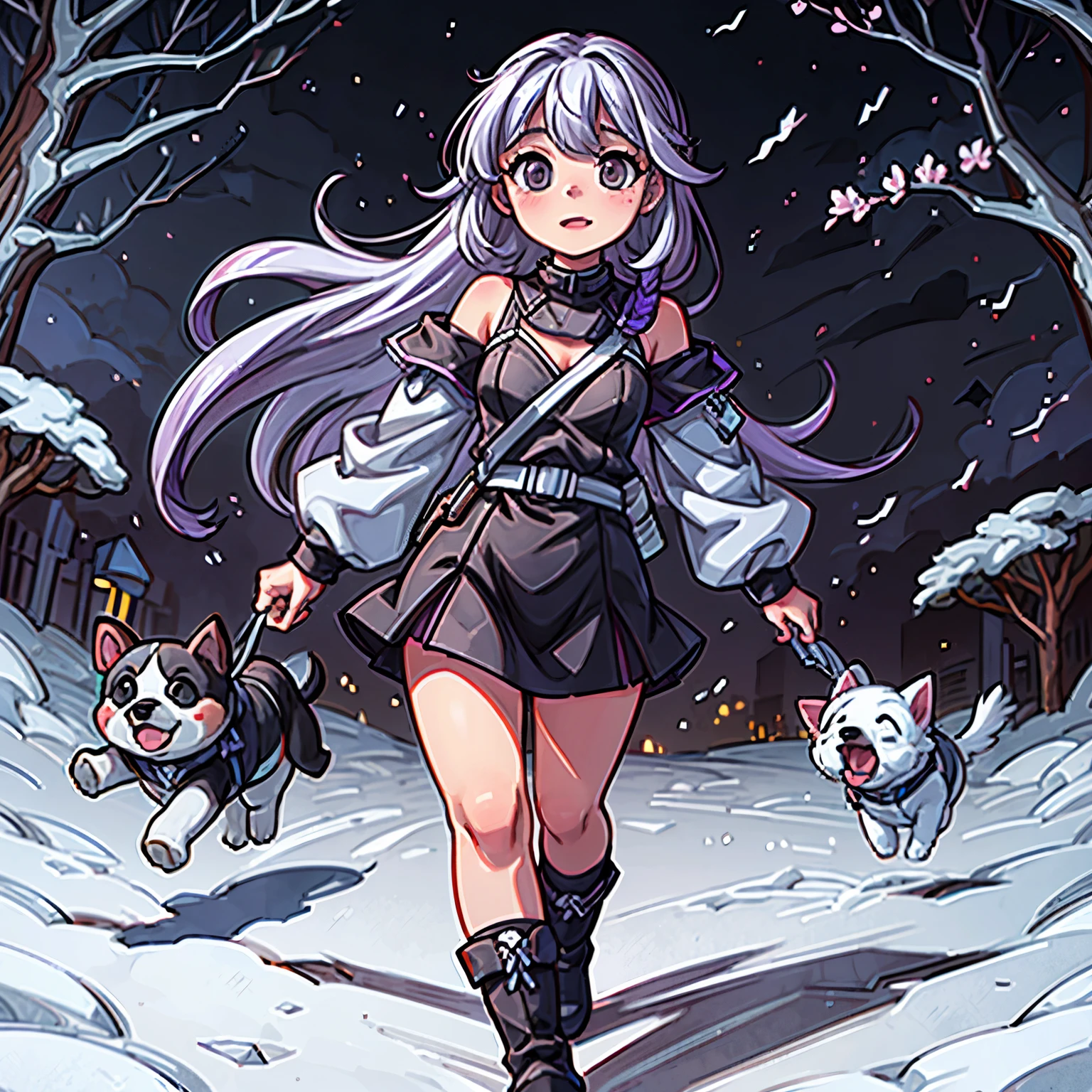 sdcgsd, masterpiece, best quality, 1girl and dog, walking with dog, (in the spring night park:1.3), Purple White Gradient Long Hair, Kind, Cyber Suit, off-shoulder, black skirt, black stockings, black boots, (dog:1.4)