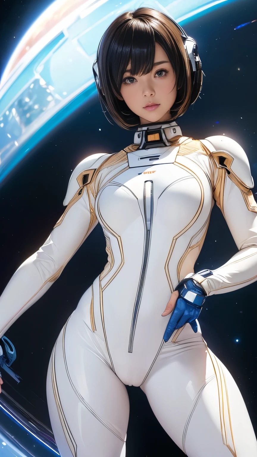 (masterpiece、highest quality、highest resolution、clear_image、Detailed details): (full body figure、15 year old girl、Japanese face、small face、thin、navy blue super short bob cut hair、blue colored eyes、((navy long sleeve space suit、space helmet))、headset、cosmic handbag、cute type、gentle smile、soft expression、headset、(((knee high boots)))、gloves up to the elbow、eye level shot、face directly、woman on a spaceship), (((camel toe))), ((Pure white leotard))