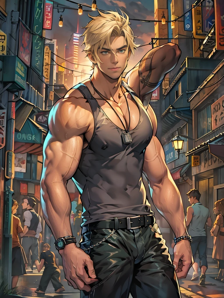 Young man, short blond hair, handsome face, tired expression, green eyes, large muscles, hyper pectoral, thick thigh, large butt. He's wearing a low-cut tank top, black pants, a backwards hat, and a silver chain around his neck, Big bulge. Scenery, party at night.