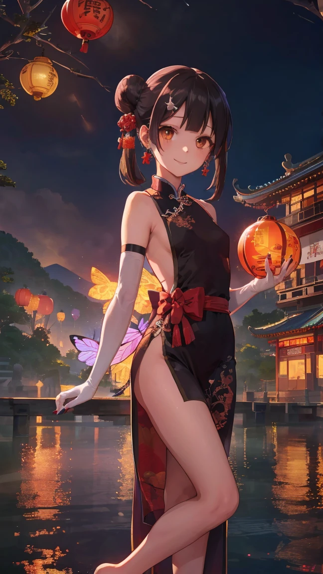 (wide shot),1girl, (Miyu Edelfelt),,black hair,brown eyes,seductive smile,nsfw, barefoot, see-through dress, butterfly, butterfly hair ornament, backless dress, chinese clothes,sleeveless, double bun,golden dragon print,bare foot,,elbow gloves,hair bun, hair ornament,jewelry,earrings,anklet,slim legs,nail polish, small breasts, solo, toenail polish, toenails, toes, twintails,outdoor,Chinese style architecture, Chinese style, lake, ancient town, beautiful and meticulous water,the red lantern,fireworks,