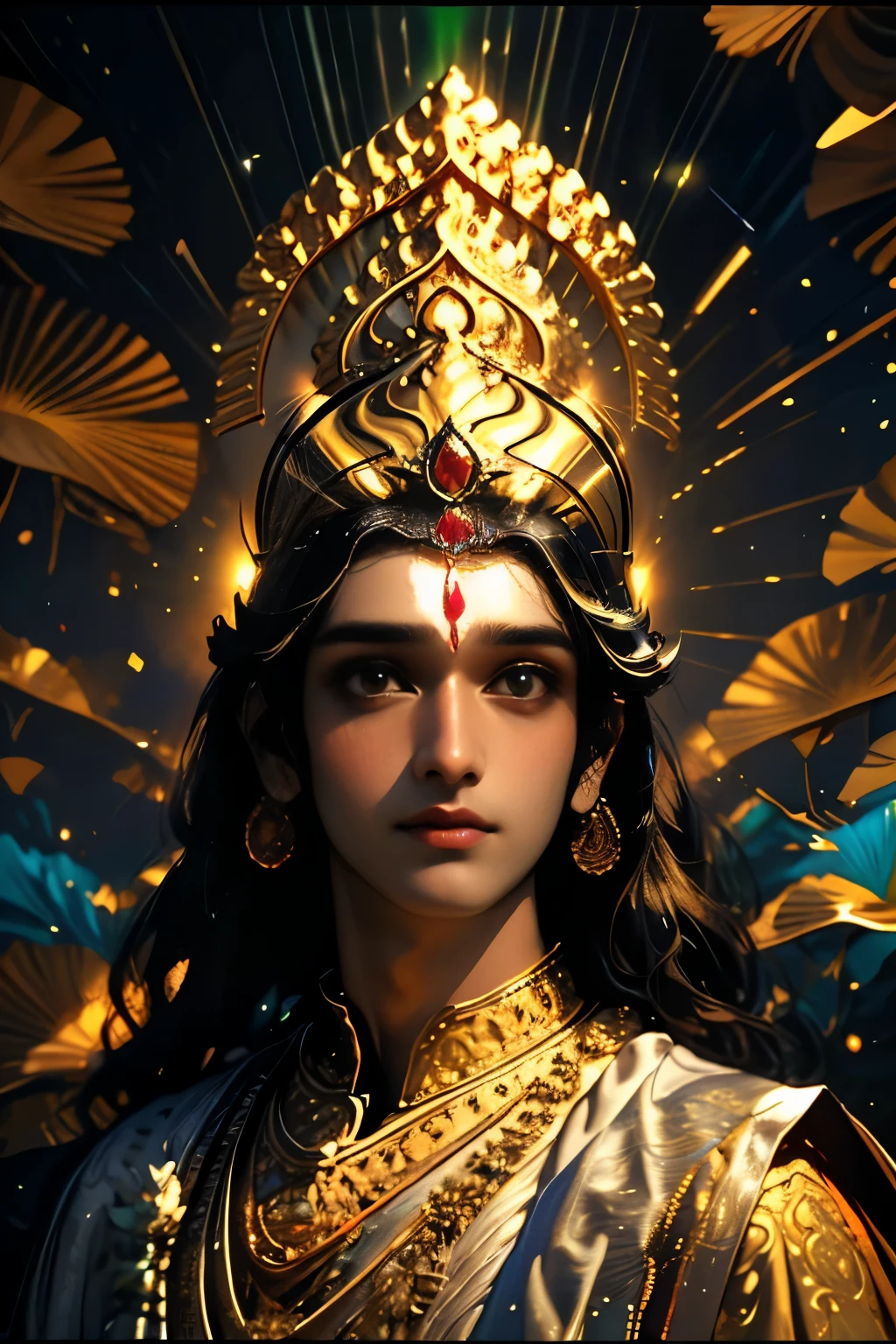 ((best quality)), ((masterpiece)), ((realistic)), portrait,
Lord Krishna, celestial, deity, goddess, light particles, halo, looking at viewer,
(bioluminescent:0.95) ocean, bioluminescent, vibrant, colourful, color, (glowing, glow),
(beautiful composition), cinematic lighting, intricate, (symmetrical:0.5), whimsical, closeup shot